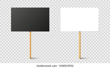Pancartas de protesta en blanco y negro con soporte de madera. Cartel de demostración vectorial realista. Burla de cartón de acción de huelga.