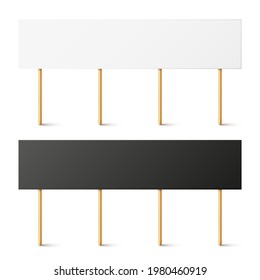 Blank black and white protest signs with wooden holder. Realistic vector demonstration banner. Strike action cardboard placard mockup.