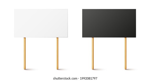 Blank black and white protest signs with wooden holder. Realistic vector demonstration banner. Strike action cardboard placard mockup.