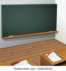 Blank blackboard for chalk writing with colored chalks at the bottom and a sponge for erasing in a classroom