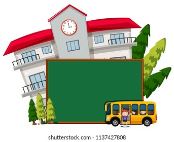 blank blackboard infront of school with bus illustration