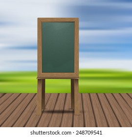 Blank blackboard on wood floor and Field against the sky background.Vector illustration 