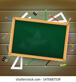 Blank blackboard over wooden board with stationaty pen pencil eraser ruler on the white background vector illustration eps10