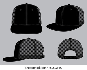 Blank Blacke Hip Hop Cap With   
Mesh Back, Adjustable Snap Back Closure Strap Template on Gray Background, Vector File.