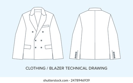 Blank Blazer Technical Drawing, Bekleidungsentwurf für Modedesigner. Detaillierte editierbare Vektorillustration, Schwarz-Weiß-Kleidungsschemata, isolierter Hintergrund