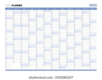 Planeador de años en blanco azul 2025, calendario de pared para la agenda mensual y diaria. Diario de página de programación, calendario de diseño de fondo, organizador, plantilla de planificador con ilustración vectorial de doce meses