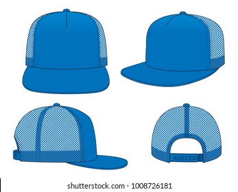 Blank Blue 5-Panels Hip Hop Cap with Mesh Back, Adjustable Snap Back Closure Template on White Background, Vector File.