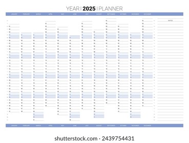 Planificador anual azul en blanco, calendario de pared del año 2025 para la agenda diaria. Diario de la página de programación, calendario de papelería, organizador, plantilla de planificador con doce meses de estilo minimalista ilustración vectorial