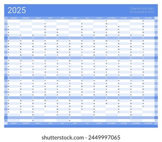 Blank blue annual planner, 2025 year wall calendar for monthly and daily agenda. Schedule page journal, stationery calendar, organizer, planner template with twelve months vector illustration