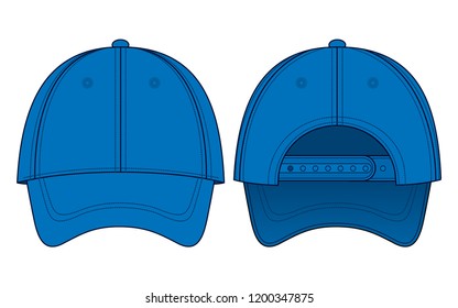 Blank blue baseball cap with adjustable snap back closure strap template on white background.Front and back view, vector file