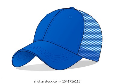 Blank Blue Baseball Cap With Mesh Back Template On White Background.