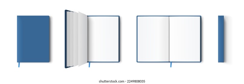 Blank blue book or notepad mockup. Notebook and bookmark template in different views isolated on white background, transparent shadows. Realistic blank booklet cover, brochure surface 3d vector set.