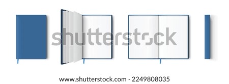 Blank blue book or notepad mockup. Notebook and bookmark template in different views isolated on white background, transparent shadows. Realistic blank booklet cover, brochure surface 3d vector set.