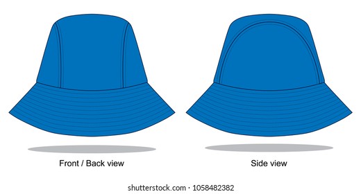 Blank blue bucket hat with 3 panel template on white background.Front, back and side view.