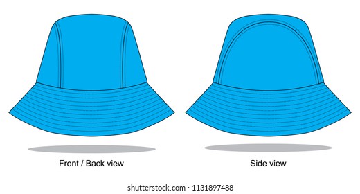 Blank blue bucket hat with 3 panel template on white background.
Front, back and side view.