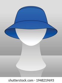 Blank Blue Bucket Hat Template On Mannequin Head Vector.