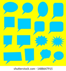 blank blue cartoon speech bubbles set with different funny shape for add words or comic speech isolated on fresh yellow color background. vector illustration 