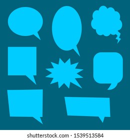 blank blue cartoon speech bubbles set with different shape isolated on dark blue background. vector illustration