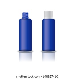 Blank blue clear cosmetic round bottle with grooved lid for beauty product packaging. Isolated on white background with reflection shadow. Ready to use for package design. Vector illustration.