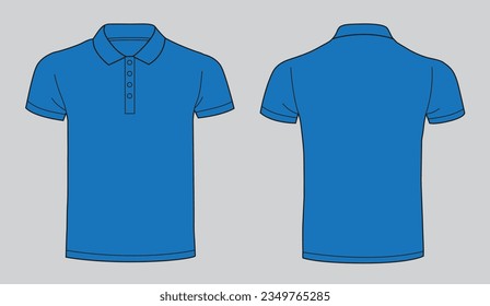 Blank blue collar t-shirt template. Front and back view