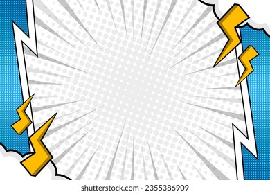Blank blue comic cartoon frame background template with lightning