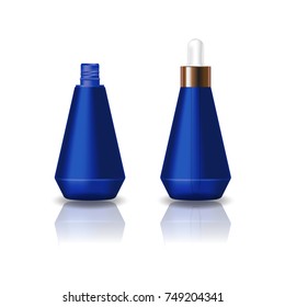 Blank blue cone shape cosmetic bottle with white dropper lid for beauty or healthy product. Isolated on white background with reflection shadow. Ready to use for package design. Vector illustration.