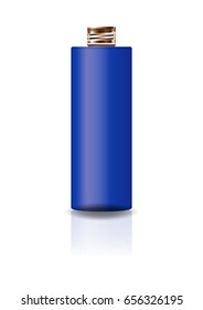 Blank blue cosmetic cylinder bottle with copper lid for beauty or healthy product. Isolated on white background with reflection shadow. Ready to use for package design. Vector illustration.
