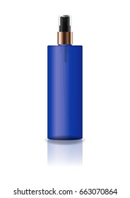 Blank blue cosmetic cylinder bottle with pressed spray head for beauty or healthy product. Isolated on white background with reflection shadow. Ready to use for package design. Vector illustration.