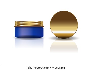 Blank blue cosmetic round jar with gold lid for beauty or healthy product. Isolated on white background with reflection shadow. Ready to use for package design. Vector illustration.