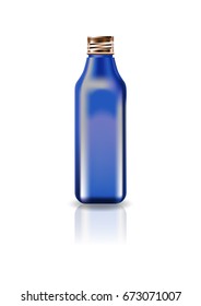 Blank blue cosmetic square bottle with screw lid for beauty or healthy product. Isolated on white background with reflection shadow. Ready to use for package design. Vector illustration.