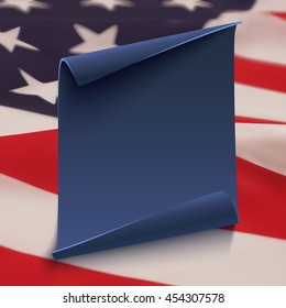 Blank, blue, curved paper banner on top of american flag. Poster, brochure or flyer template. Vector illustration.