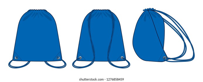 Blank Blue Drawstring Shoulder Bag Template Vector On White Background.Front Back and Side View.