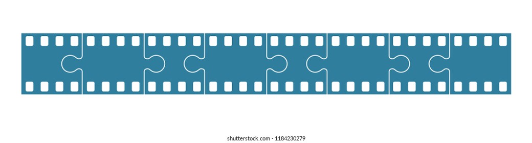 Blank blue film frame stock as set of jigsaw pieces. Flat vector illustration