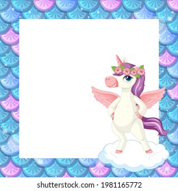 Blank blue fish scales frame template with cute unicorn cartoon character illustration