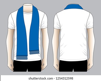 Blank blue football scarf on white crew neck shirt template on gray background. Front and back views, vector file.