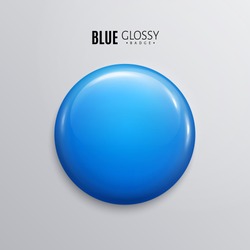 Blank Blue Glossy Badge Or Button. 3d Render. Round Plastic Pin, Emblem, Volunteer Label. Vector.