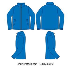 Blank Blue Jacket Template on White Background.Front, Back and Side View.