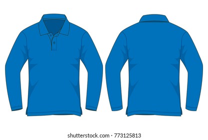 Blank blue long sleeve polo shirt  template on white background. Front and back views, vector file.