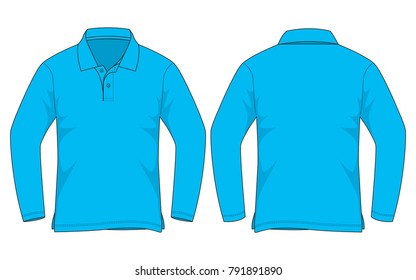 Blank blue long sleeve polo shirt for template on white background.
Front and back view.