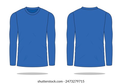 Blank Blue Long Sleeve T-Shirt Template on White Background. Front and Back Views, Vector File.