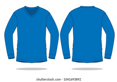 Blank Blue Long Sleeve V-Neck  T-Shirt Template on White Background Vector.Front And Back Views.