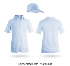 Blank blue men's polo and a baseball cap template.