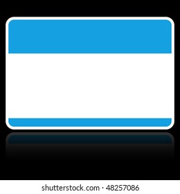 Blank blue name tag sticker with reflection on black background