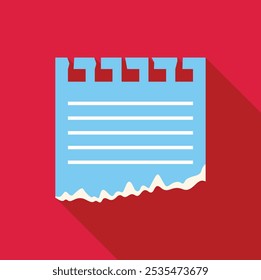 Blank blue note paper with torn edges is casting a long shadow on red background