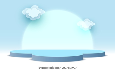 Blank blaues Podium mit Wolken. Pedestal. Produktanzeiger. Ausstellungsstand. Vektorgrafik.