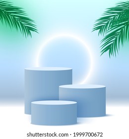 Blank blue podium with palm leaves and glowing ring. Pedestal. Cosmetic products display platform. 3d render stage. Exhibition stand. Vector illustration.