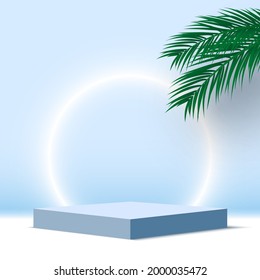 Blank blue podium with palm leaves and glowing ring. Square pedestal. Cosmetic products display platform. 3d render stage. Exhibition stand. Vector illustration.
