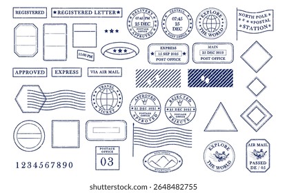 Blank blue postage rubber stamps. Mockup office stamp Clean post postmark template Vintage style sticker collection, travel destination mail, tourism, mountain, summer, sun theme. Vector illustration