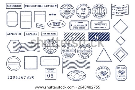 Blank blue postage rubber stamps. Mockup office stamp Clean post postmark template Vintage style sticker collection, travel destination mail, tourism, mountain, summer, sun theme. Vector illustration