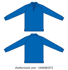 Blank blue raglan long sleeve polo shirt for template on white background.Front and back view, vector file.